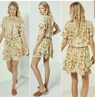 Spell-size S- Sayulita Short Sleeve Frill Mini Dress Sunflower Yellow Print • $49