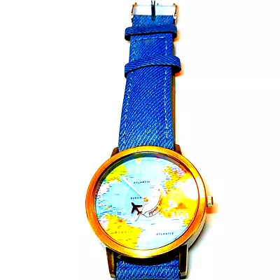 Highly Collectible Denim World Map Watch With Airplane For The Second Hand. • $31