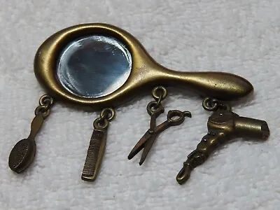 Vintage JJ Bronzed Mirror Brooch Dangle Charms Scissors Brush Comb Dryer 2.75  • $10