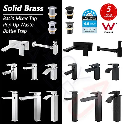 Square Brass Bathroom Wall Basin Mixer Tap Pop Up Waste Bottle Trap Vanity Spout • $29.90
