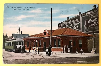 Vintage Postcard 1920 Photo C&B NIRR Railroad Station Michigan City IN Indiana • $11