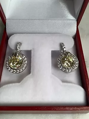 Judith Ripka 925 Sterling Silver Canary Earrings W/ CZ Halo & Lotus Leaves. • $155