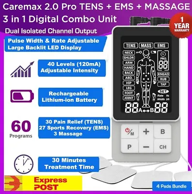 Caremax 2.0 TENS Machine EMS 3 In 1 Combo Unit Pain Relief Massager Dual Channel • $99