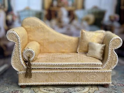 Vintage Artisan Miniature Dollhouse Silk Upholstery Chaise Lounge Sofa W Pillows • $199.99