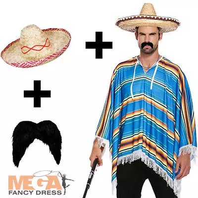 Mexican Poncho + Hat + Tash  Mens Fancy Dress Wild Western Bandit Adults Costume • £16.99