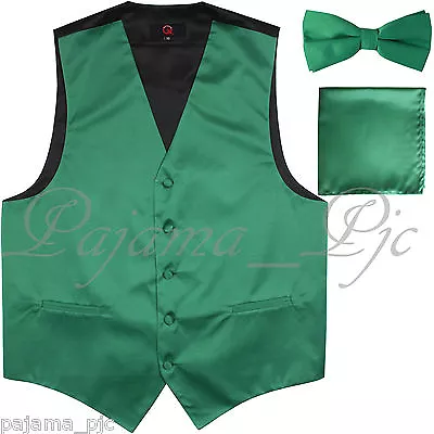 Emerald Green Vest Waistcoat And Straight Cut Bow Tie Set Suit / Tuxedo Wedding • $23.36