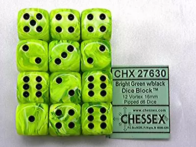 Chessex Dice D6 Set 16mm Vortex Bright Green W/ Black 6 Sided Die 12 CHX 27630 • $9.78