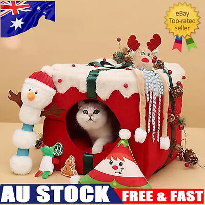 Christmas Cat House Bed - Warm Pet Box Nest With Cute Gift Box - Indoor Cats • $56.69