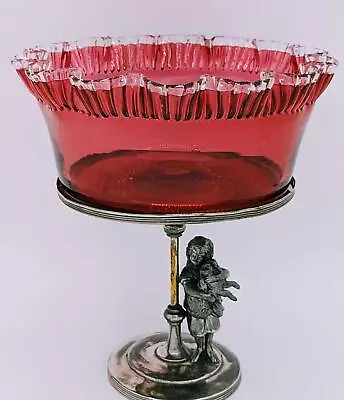 Victorian Meriden Britannia Silver Plate Figural Cranberry Glass Brides Basket • $169.99