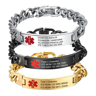 Personalized Medical Alert ID Bracelets Stainless Steel Stylish And Safe For Men • £11.99