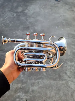 SILVER Bugle Instrument Pocket Trumpet With 3 Valve Vintage Flugel Horn • $100