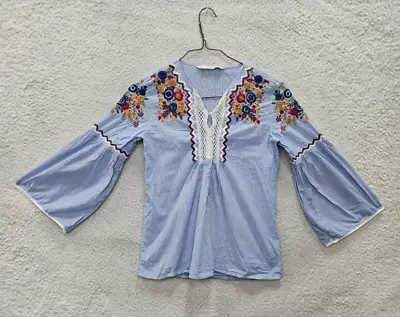 Zara Basic Top Women Extra Small Blue White Striped Embroidered Cotton Blouse Fi • $9.50