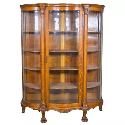 Antique Victorian Oak Claw Foot Carved Pillar Curved Glass China Closet #22008 • $1250