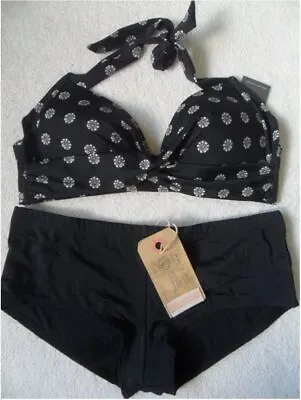 Fat Face Black Trinidad Geo Non-wired Padded Halter Boyshorts Bikini Sizes 12 14 • £32.99