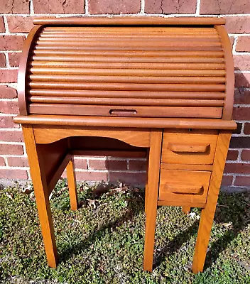 1940’s Child’s Solid Oak Wood Roll Top Desk 2ft Tall Writing Top 2 Drawers Cute! • $399.99