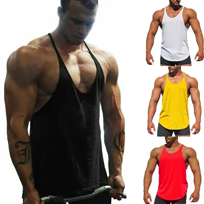 Stringer Vest Solid Top Fitness Muscle Tank Gym Men Workout Bodybuilding Sports • £3.59