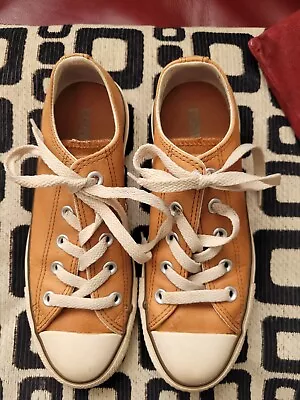 Converse All Star Tan Leather Trainers Uk Size 3 Low Top Lace Up Sneakers VGC • £21.99