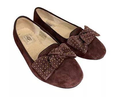 UGG Alloway Studded Bow Flats Shoes Womens Size 7 Brown Suede Shearling Insole • $29.99