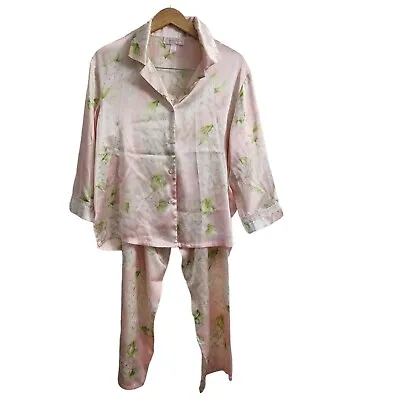Oscar De La Renta Pajama Set Medium Pink Floral Print Satin Two Piece Vintage • $39.99