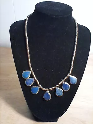 Vintage Tribal Afghan 7  Teardrop Imitation Lapis Silver Tone 22.5  Necklace • $50