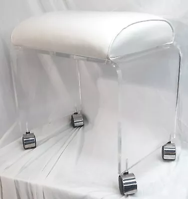 Vintage MCM Lucite Waterfall Vanity Stool Bench Chair On Casters White Seat • $50