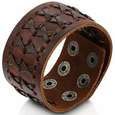 Punk Rock Wide Brown Leather Men's Cuff Bangle Bracelet Adjustable Wristband • $8.54