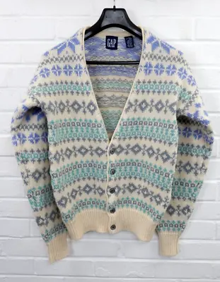Vintage GAP Chunky Knit Fair Isle Nordic Snowflakes Style Wool Cardigan Jumper S • £24.99