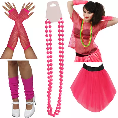 £17.99 • Buy Wear It Pink Ladies 1980s Neon Hot Pink Set Of 5 Retro Accessories Marathon Race