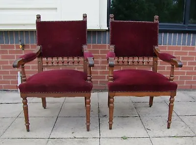 LATE 19th CENTURY PAIR OF GOTHIC OPEN ARMCHAIRS - (SLPB12). • £525