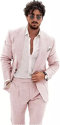 Men Linen 2Pcs Suit Summer Beach Groom Wedding Tuxedo Blazer+Pants 42r 44r 46r • $69.99