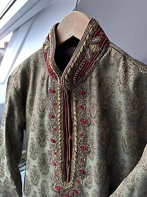 Men’s Wedding Sherwani Kurta Asian Indian Pakistani Green Gold Red Size 38 • £127