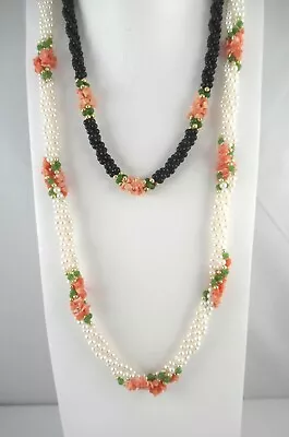 2 Vintage Necklaces With Coral Black Bead And Faux Pearl • $22