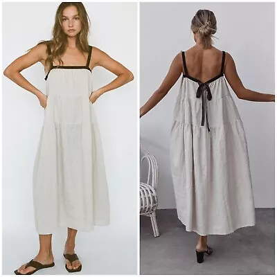 Moni FLORENCE MAXI DRESS Natural 100% Linen Size M L Midi • $54.59