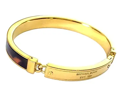 Michael Kors Tortoise Shell Bracelet Goldtone Hinged Bangle MK Logo Bar FLAW • $39.60