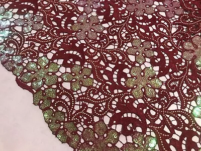 Burgundy Guipure W/mult Sequins French Venice Lace Fabric 50” Width 1 Yard • £12.53