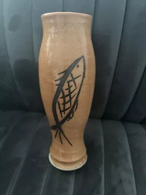 Pottery Vase Brown Studio With Fish Handmade And Signed  • $19