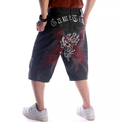 Mens Denim Shorts Jeans Capri Pants Embroidery Totem Relaxed Hip-Hop Baggy Loose • $52.84