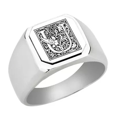 Floral Monogram Letter U Stainless Steel Signet Ring Stainless Steel Initial... • $14.99