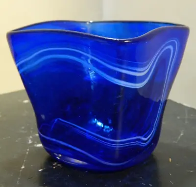 Signed Mdina Malta Cobalt Blue / White Swirl Tapered Square Vase 3 X4.38  Excel • $39.99