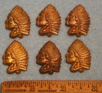 6 Vintage 1930s Stamped Brass INDIAN CHIEF W/ HEAD DRESS MOUNTS New Old Stock  • $59.84