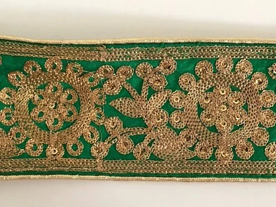 £4.25 • Buy  Indian Gold Zari Aari Work Floral Embroidery On Green Ribbon Trim/lace-one Mtr