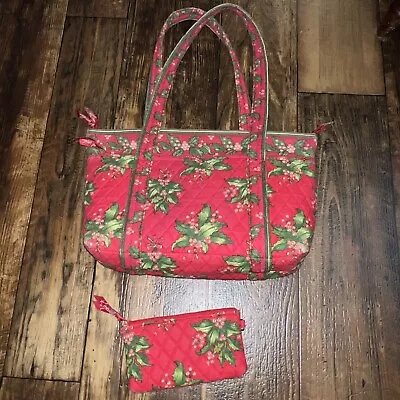 Kim Rogers Quilted Red Christmas Holly Berries Large Tote Bag + Cosmetic Pouch • $13