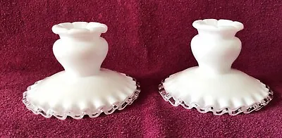 Pair Of Fenton Silver Crest Milk Glass Candlestick Holders 3  Tall • $9.99