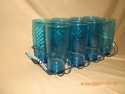 Vintage Retro Deep Blue Beverage Glasses & Serving Caddy -  8 Glasses - Nice!!  • $24.99