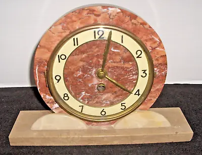 Art Deco 1930's Red &Tan Marble Mantel Winding Clock No Key Works! • $95