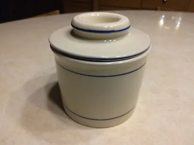 Norpro Stoneware Crock Butter Bell Butter Keeper White Blue Stripes • $15