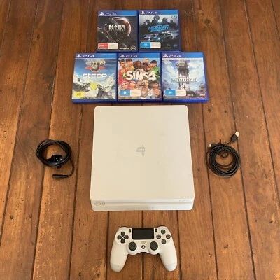 $374.95 • Buy Sony PlayStation 4 PS4 Slim Glacier White 500GB Controller 5 Games Bundle FW 9.6