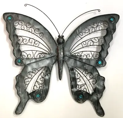 Contemporary Metal Wall Art - Butterfly With Aqua Glass Cabercons • £26.99