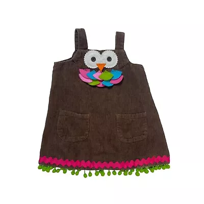 Mud Pie Dress Owl Bird Corduroy Jumper Pockets Brown Pink Cotton 2T • $12.99