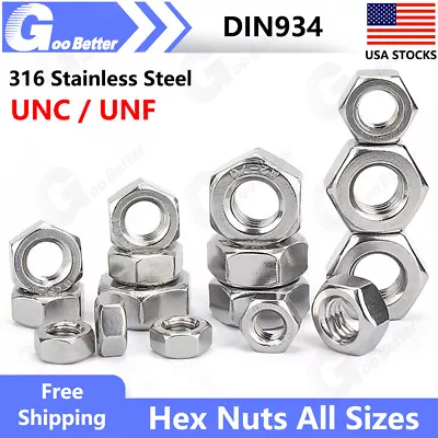 Hex Hexagon Nuts DIN934 Hex Full Nuts A4 316 Stainless Steel UNC/UNF All Sizes • $7.95